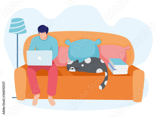 Men working on laptop sitting on sofa, cat   laying on sofa,  work from home concept, study from home concept, vector illustration