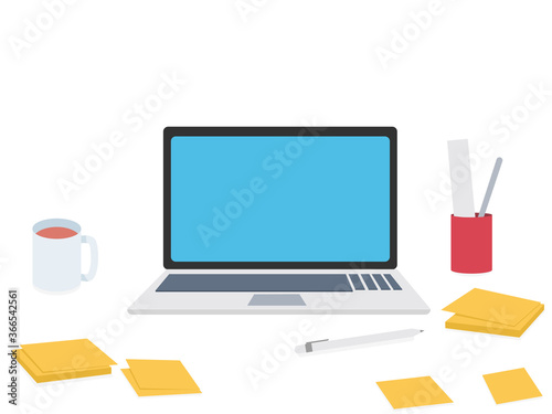 Laptop with blue screen, coffee cup, pen, sticky note, on white background , work from home concept, study from home concept, vector illustration