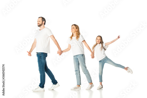 happy casual family holding hands isolated on white