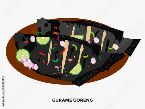 illustration of popular food in Indonesia. bakso, nasi goreng, gudeg, pecel lele, tempe penyet, nasi campur, sup buntut, ikan bakar, tempe goreng, nasi uduk, gulai, tongseng, ayam penyet, sate ayam, s