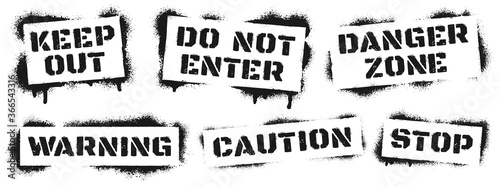 Warning sign stencil graffiti. Black ray paint danger inscription, alert grunge quote for caution and keep out, do not enter and danger zone, stop. Street art vector illustration photo