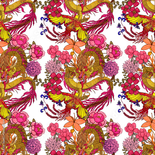 Creative seamless pattern with hand drawn chinese art elements: dragon, phoenix and flowers. Trendy print. Fantasy chinese print, great design for any purposes. Asian culture. Abstract art.