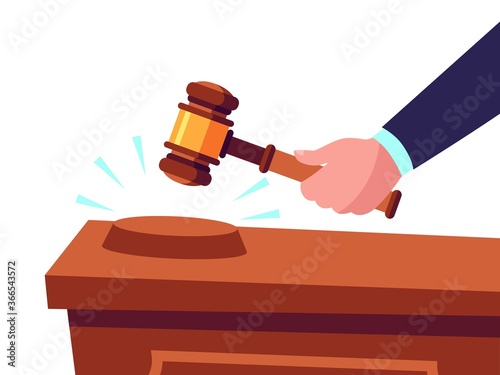 Auctioneer hold gavel in hand and selling goods, offering for bid. Buying or purchasing products. Judge with ceremonial wooden hammer giving punishment. Mallet for courthouse vector illustration
