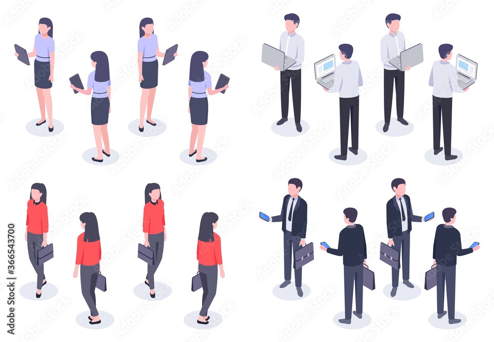Business people isometric set. Man and woman office worker in elegant formal clothes holding devices as laptop, smartphone and tablet. Female and male employee front and back view vector illustration