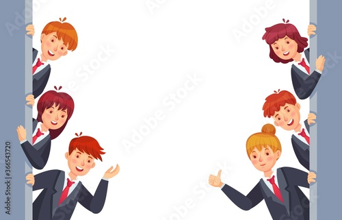 Business people look out from both sides. Young office workers in formal clothes peeping out from wall, showing thumb up. Surprised woman and man in suits and ties vector illustration