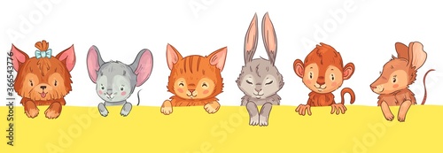 Cartoon animals looking out. Cute dog with bow, mouse, cat and rabbit, monkey and rat. Adorable furry pet heads with funny smiling faces, pink cheeks and closed eyes vector illustration