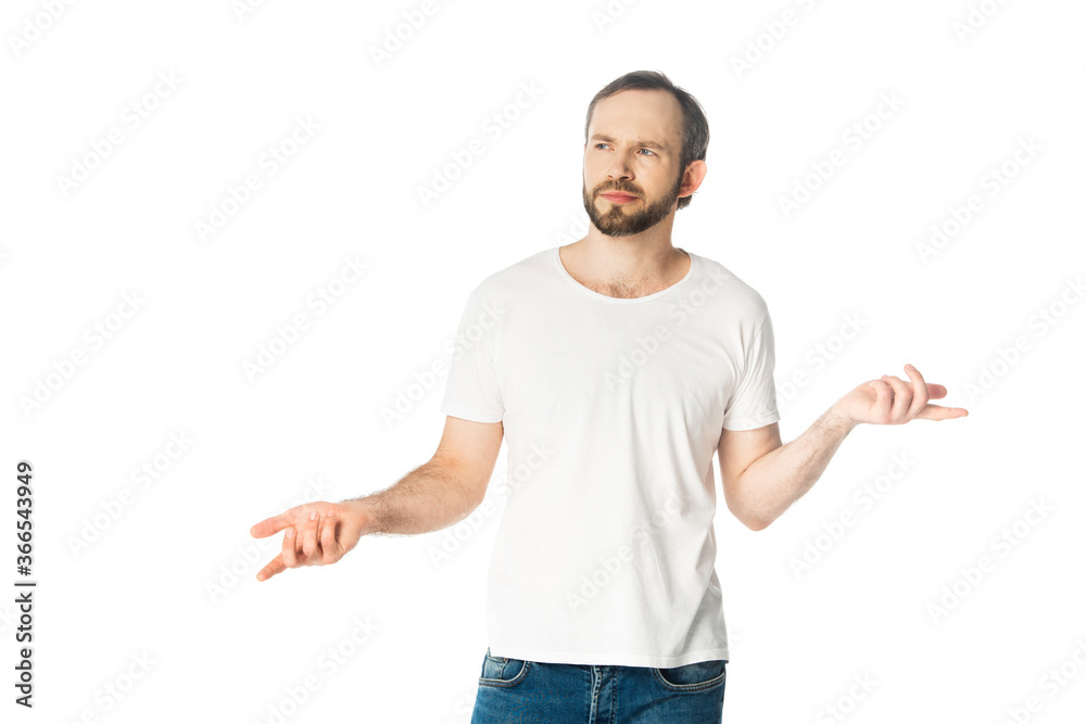 confused man showing shrug gesture isolated on white confused man showing shrug gesture isolated on white