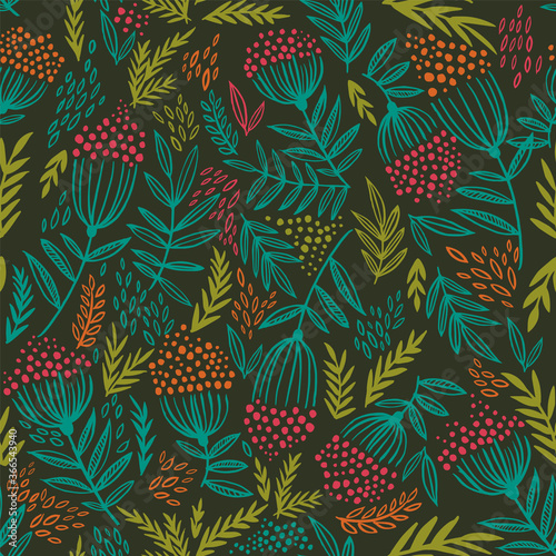Seamless pattern with hand-drawn rowan branches. Boho style illustration. The pattern can be used in fabric prints, wrapping