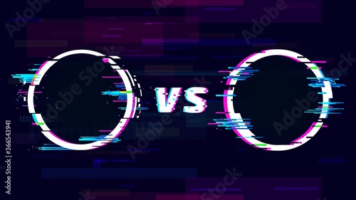 Versus glitch sign with VS letters. Battle, sport competition, match or challenge. Confrontation or fight symbol in distorted style with circles. Trendy glitch effect vector illustration