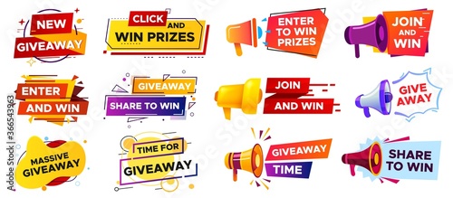 Giveaway banner with megaphone. Loudspeaker announcement of competition. Winning prizes in contest, giving gifts. Share to win post in social media. Marketing and advertising vector illustration