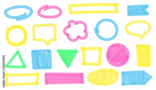 Highlight marker frames. Colorful geometric figures and shapes border as ellipse, square, circle, rectangle and triangle. Bright speech bubble or clouds for text vector illustration