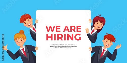 Business people look out of banner with text we are hiring. Human resources offer for recruitment, work opportunity, searching new candidate or employee for position vector illustration