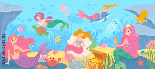 Underwater with mermaids. Seabed with mythical princesses and sea creatures  seaweeds and seashell  octopus  treasure cartoon vector background. Beautiful fantasy fairy tale girls  marine life