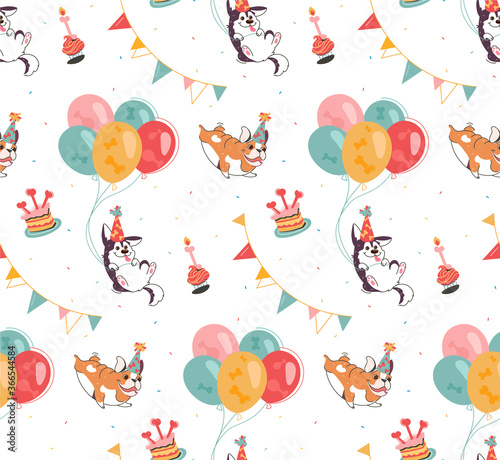 Flat background with dogs, husky and english bulldog, cakes, garlands, balloons. Vector seamless texture of festive attributes for dog party. Isolated, for printing on clothing, postcards, packaging.