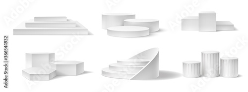 Realistic winner podium. Empty pedestals different shapes for award ceremony sport competition first, second and third place vector set. White 3d platform with stairs for various event photo