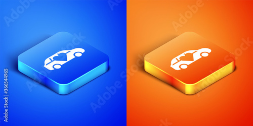 Isometric Luxury limousine car icon isolated on blue and orange background. For world premiere celebrities and guests poster. Square button. Vector.