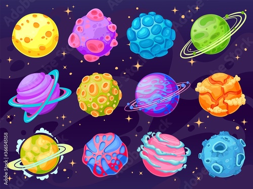 Fantasy cartoon planets. Multicolor cosmic planet objects for game design, fantastic galaxy world space universe ui vector isolated set.