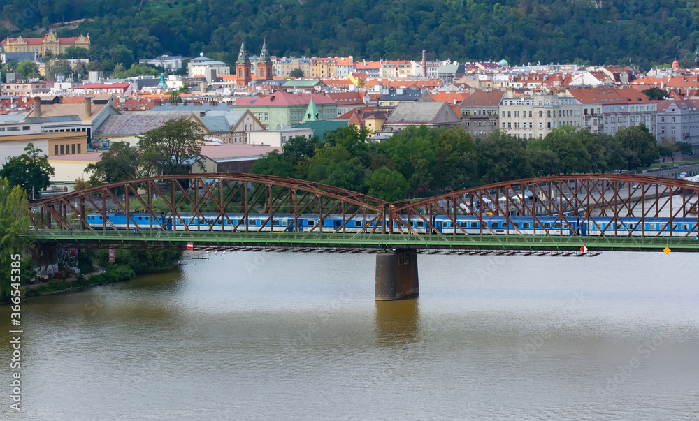 Railway bridge Prague with a locomotive