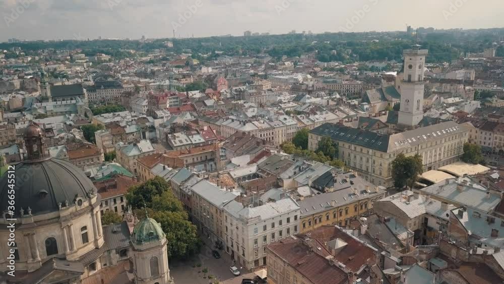 Aerial drone video of european city Lviv, Ukraine. Rynok Square, Central Town Hall, Dominican Church Aerial drone video of european city Lviv, Ukraine. Rynok Square, Central Town Hall, Dominican Church