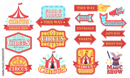 Circus labels. Carnival and circus show invitation badges, entertainment festival signboard with text, events vintage tag cartoon vector set. Food and drinks, tickets, entrance arrows. Magic show sign