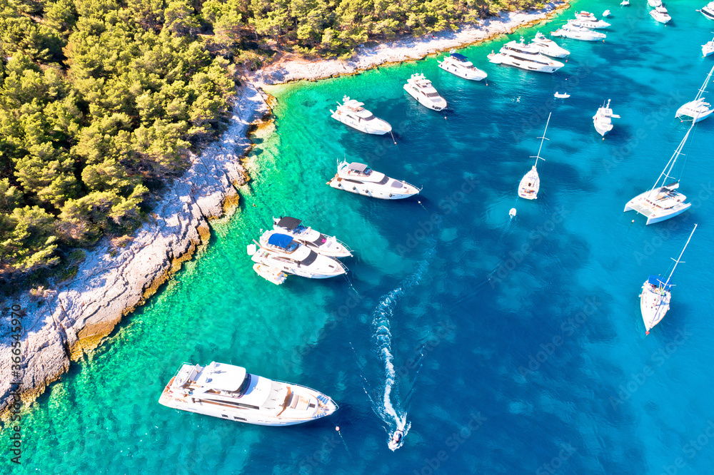 Aerial view of Palmizana, yachting cove and turquoise beach on Pakleni Otoci islands