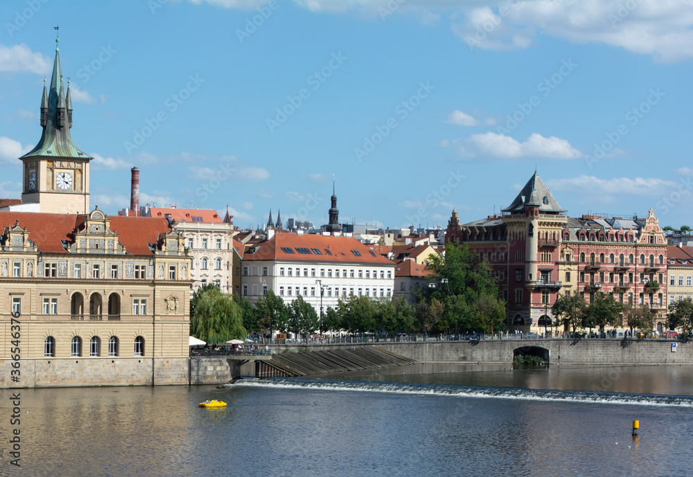 Prague bridges and architecture along the Vltava river.