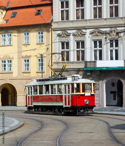 Retro tram on the modern city streets