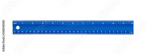 Blue plastic 12-inch ruler isolated on white with clipping path