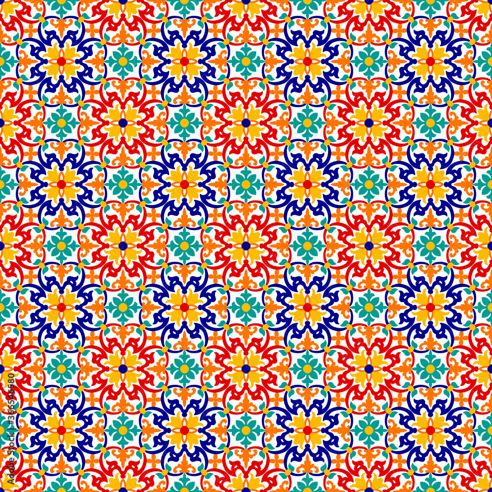 Seamless pattern with Retro Folk motifs in 6 colors