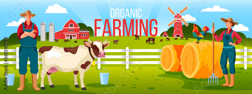 Organic family farming illustration with cowboy, woman farmer, haystack, cow, cock, mill, fence, milk bucket. Countryside rural background with happy village family, livestock, barn, green meadow