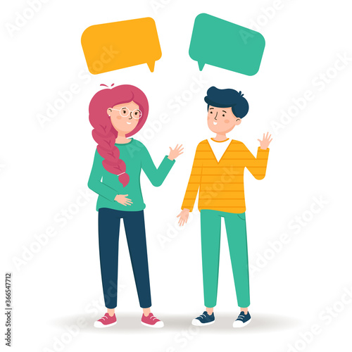 Girl and a guy are talking to each other . Friends to chat