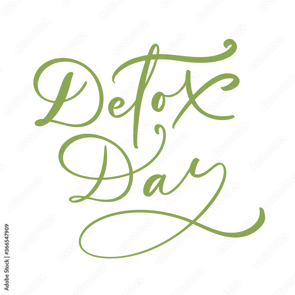 Obraz premium Detox day logo calligraphy lettering text poster in doodle style. Hand drawn green brush stroke for smoothie or detox drink in the bottle. For cafe, social media blog