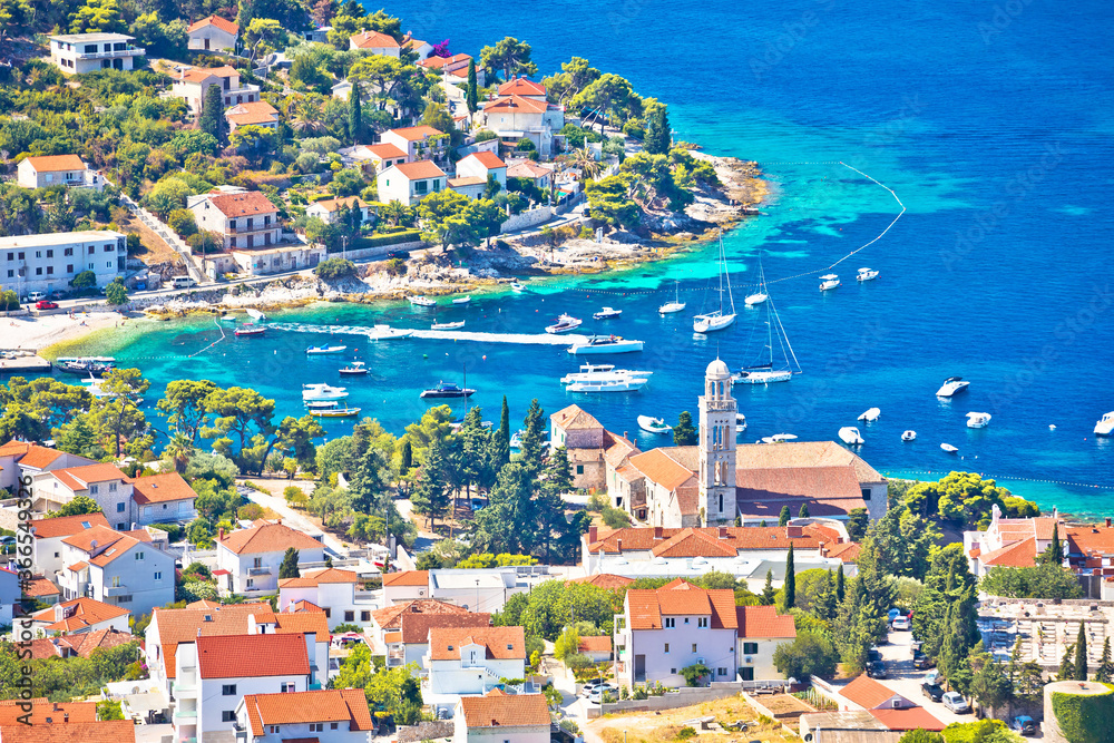 Amazing town of Hvar waterfront aerial view,