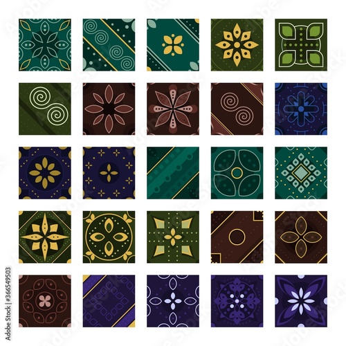 Batik tile pattern collection set. vector asset for background. Textile fabric wallpaper.