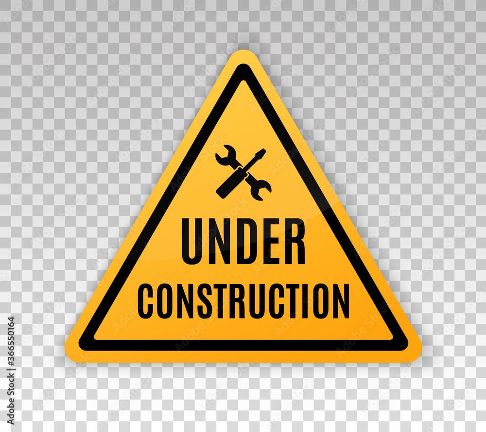 Under construction sign. Construct under banner. Signage danger. Warning caution. Board attract attention. Hammer, spanner. Yellow triangle frame isolated on background. Reconstruction sign. Vector Under construction sign. Construct under banner. Signage danger. Warning caution. Board attract attention. Hammer, spanner. Yellow triangle frame isolated on background. Reconstruction sign. Vector