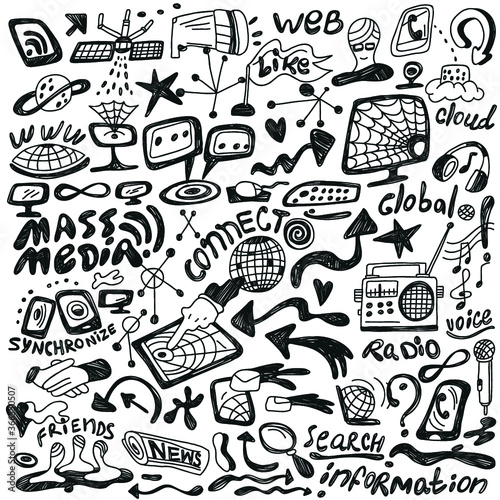 web , mass media - doodles set