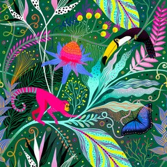 Keuken achterwand Afrikaanse dieren patronen Tropische bloemen aap toekan en vlinder  © Julia