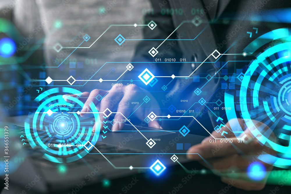 Businesswoman typing on laptop in office. Technology network illustration hologram. Businesswoman typing on laptop in office. Technology network illustration hologram.
