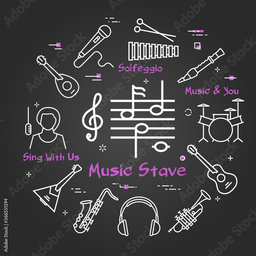 Vector black linear banner for music - Notes Stave
