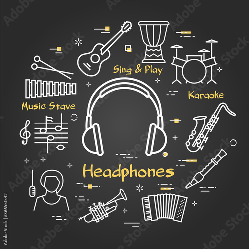 Vector black linear banner for music - vocal headphones