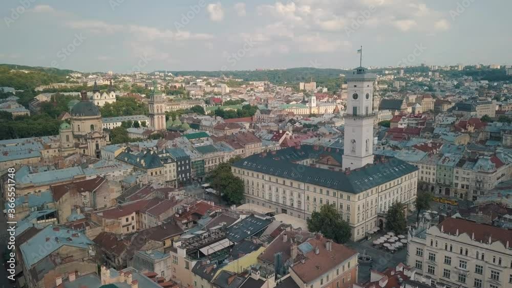 Aerial drone video of european city Lviv, Ukraine. Rynok Square, Central Town Hall, Dominican Church Aerial drone video of european city Lviv, Ukraine. Rynok Square, Central Town Hall, Dominican Church