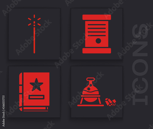 Set Witch cauldron and magic stone, Magic wand, Decree, paper, parchment, scroll and Ancient magic book icon. Vector.
