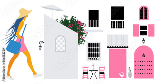 Collection of architectural items to build a typical scene of the Greek Islands and young tourist girl walking