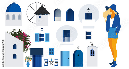 Collection of architectural items to build a typical scene of the Greek Islands and young tourist girl