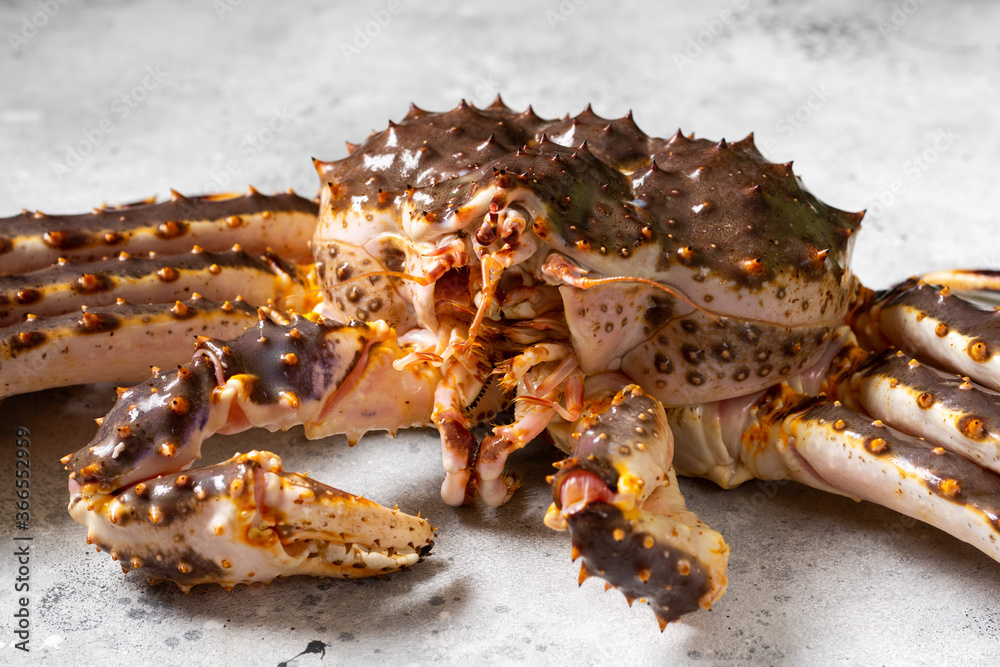 Kamchatka crab. King raw crab on the kitchen table. Kamchatka crab is on the table. Cooking process	