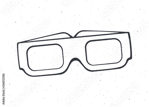 Outline of Paper 3d glasses front view. Stereo retro glasses for three-dimensional cinema. Symbol of the film industry. Vector illustration. Hand drawn black ink sketch, isolated on white background