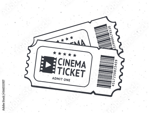Outline of two cinema tickets with barcode. Pair paper retro coupons for movie entry. Symbol of the film industry. Vector illustration. Hand drawn black ink sketch, isolated on white background