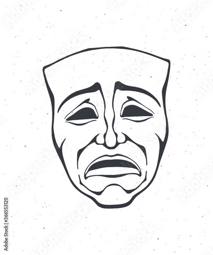 Outline of theatrical drama mask. Vintage opera mask for tragedy actor. Face expresses negative emotion. Film and theatre industry. Vector illustration. Hand drawn sketch, isolated on white background