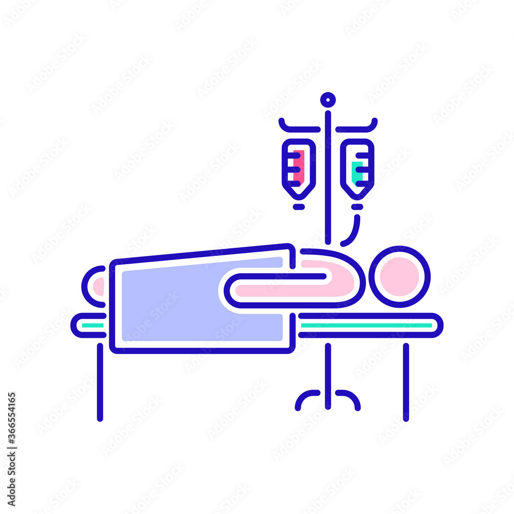 Man in hospital ward with dropper color line icon. Postoperative therapy. Isolated vector element. Outline pictogram for web page, mobile app, promo. Man in hospital ward with dropper color line icon. Postoperative therapy. Isolated vector element. Outline pictogram for web page, mobile app, promo.