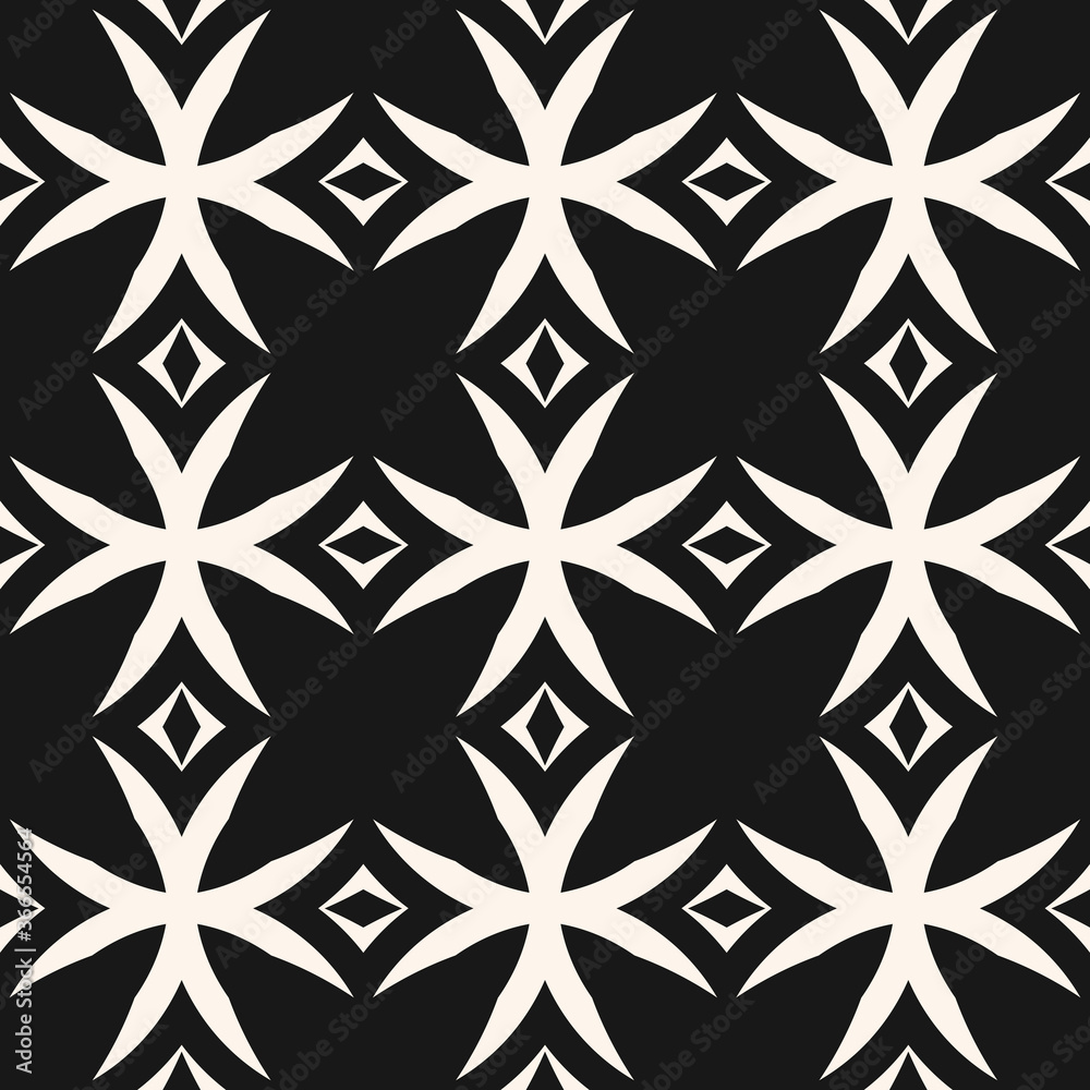 Monochrome vector seamless pattern. Black and white geometric ornament texture with crosses, diamonds, grid, lattice. Simple gothic style background. Repeat design for decoration, fabric, furniture